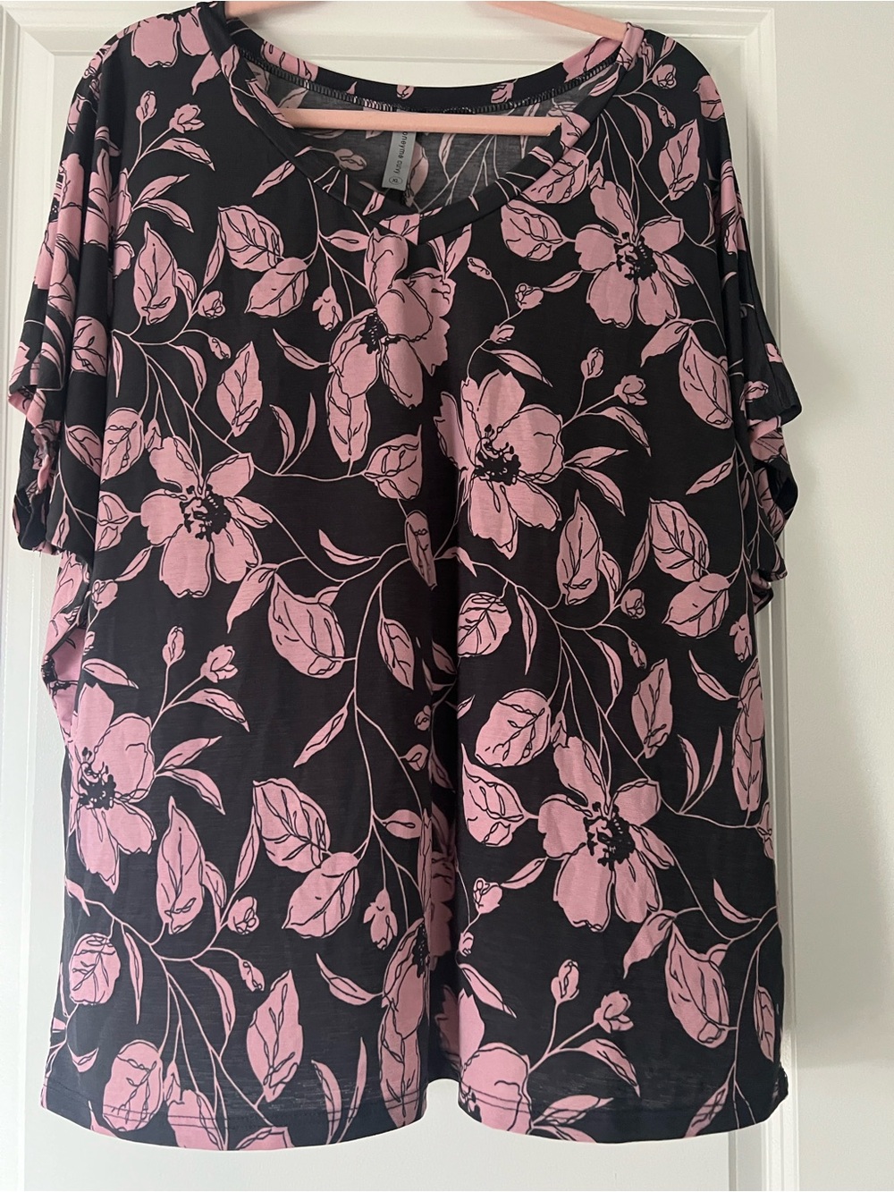 Black Tunic with Pink Floral Print - Relaxed Pull-Over Top